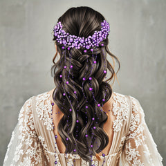 Vintage Bridal Hair Accessory Purple Beaded Tassel Veil with Floral Headpiece