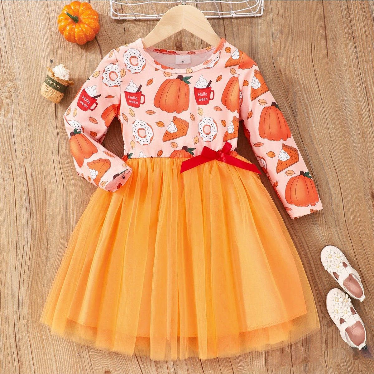 Sweet Pumpkin Graphic Girls Long Sleeve Tutu Dress Halloween Party