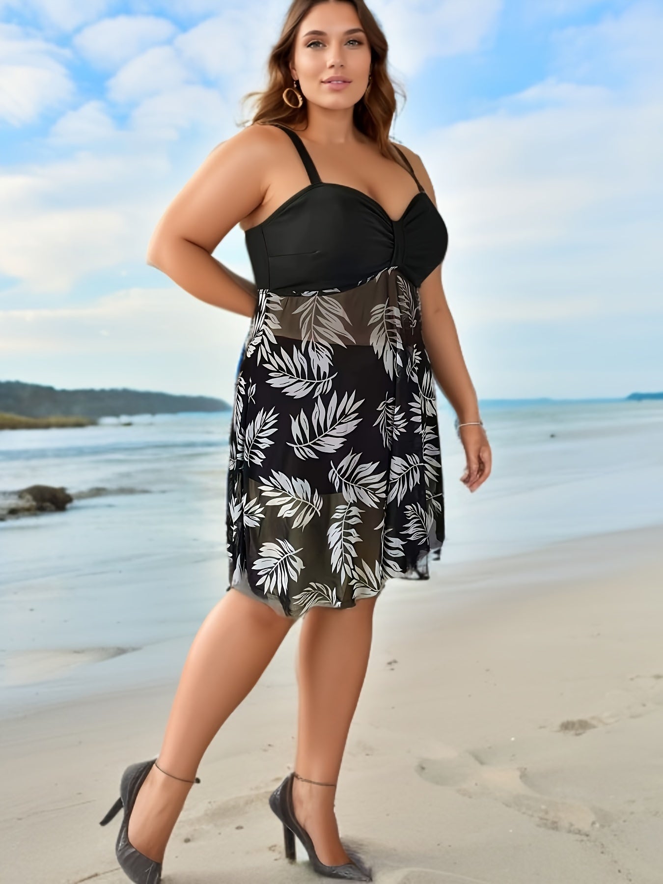  Vacay Tankini Set Women's Plus Contrast Tropical Print