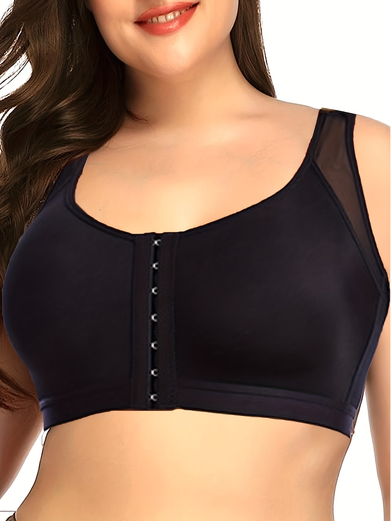 Plus Size Sports Bra Front Closure Contrast Mesh Wireless Bra