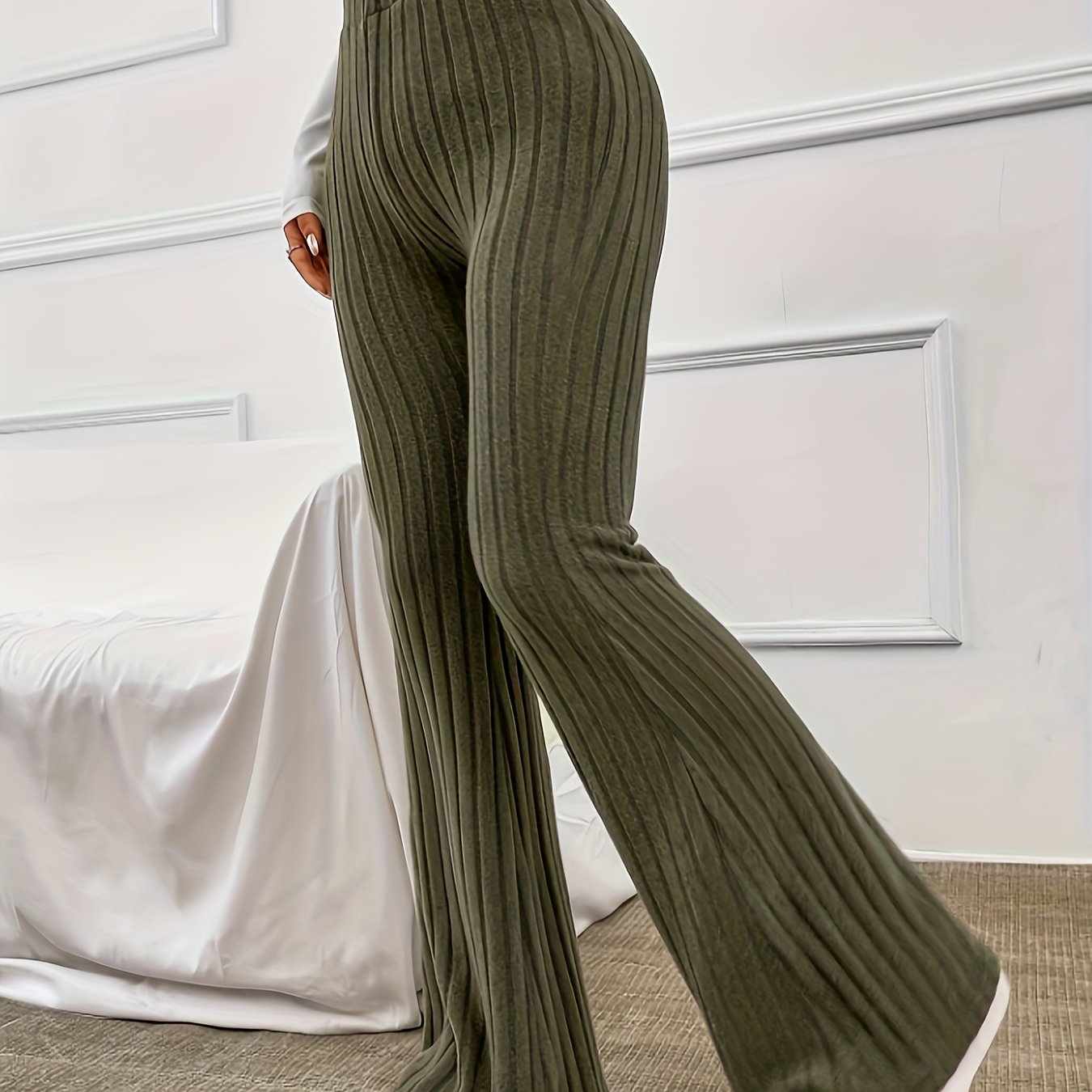  Solid Ribbed High Rise Flared Leg Pants