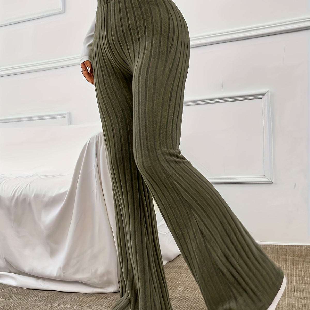  Solid Ribbed High Rise Flared Leg Pants