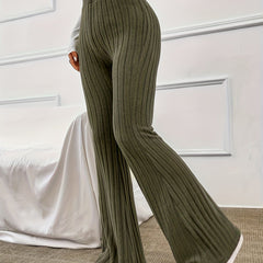  Solid Ribbed High Rise Flared Leg Pants