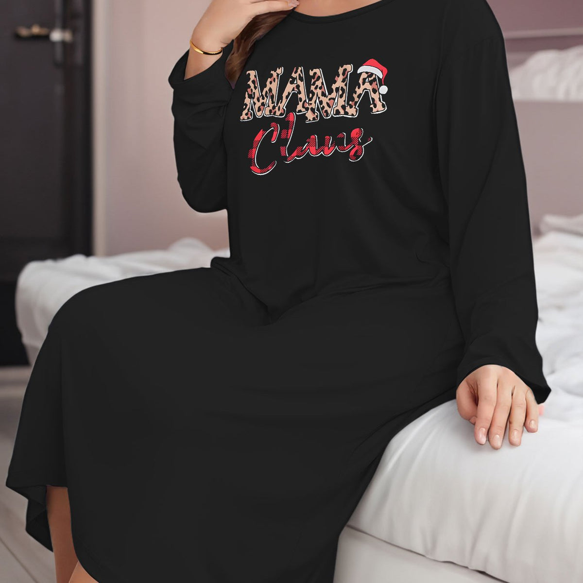 Christmas Lounge Dress Leopard Print Long Sleeve Tee Sleep Dress