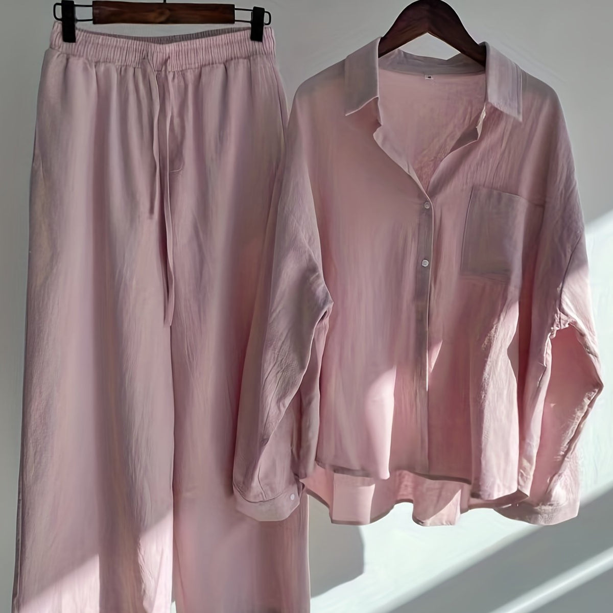 Button Front Long Sleeve Shirt & Drawstring Wide Leg Set