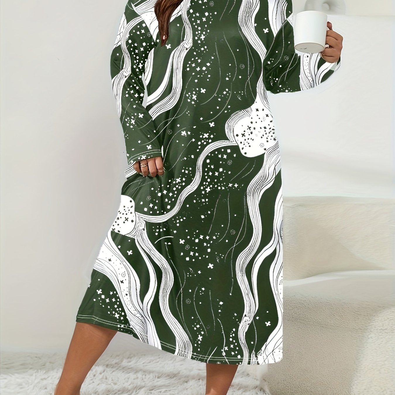  Lounge Dress Women's Plus Random Print Long Sleeve Crew Neck Sleep Dre