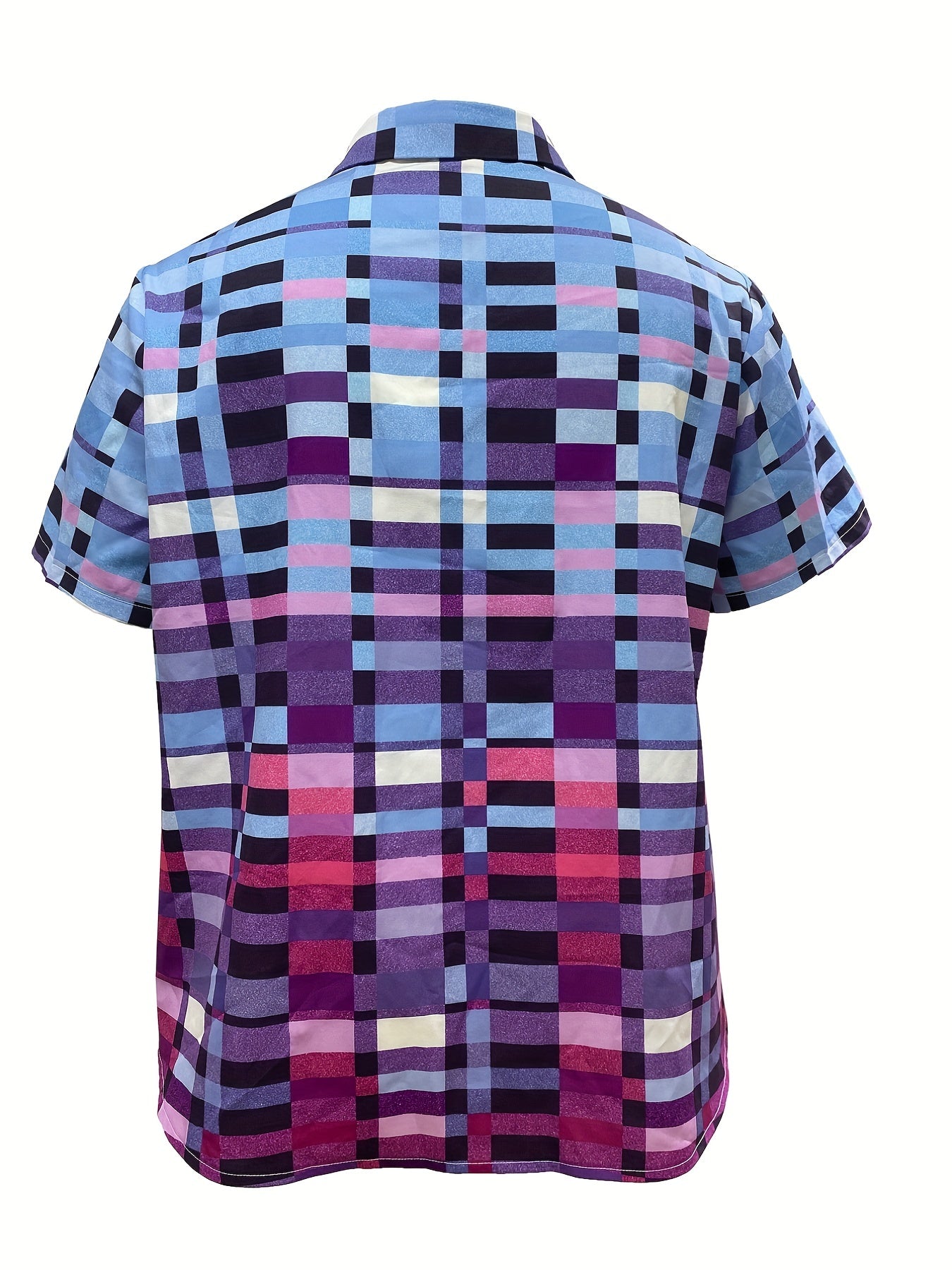  Plaid & Ombre Print Button Up Short Sleeve Blouse