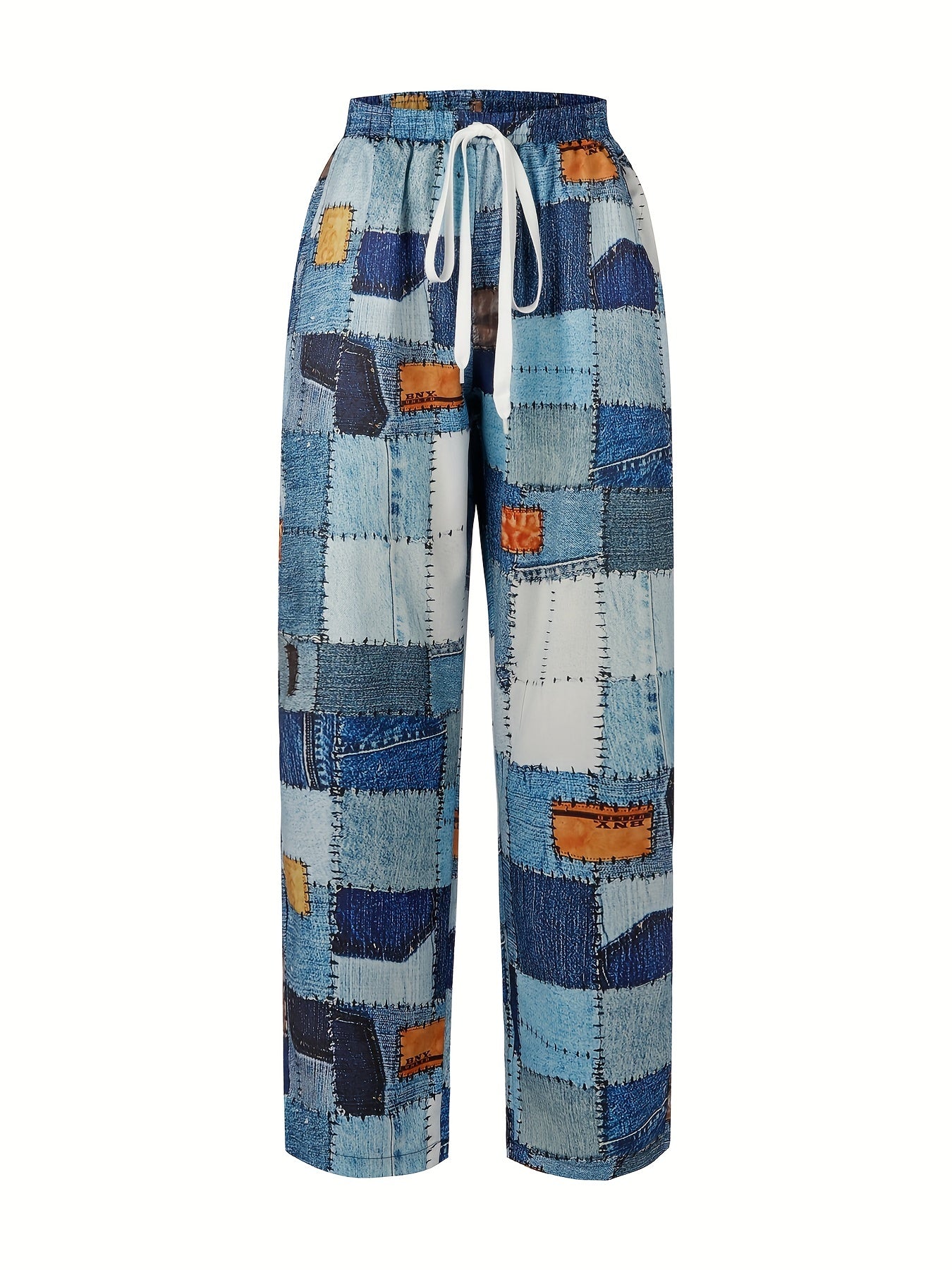  Denim Patchwork Print Straight Leg Tie Front Trousers