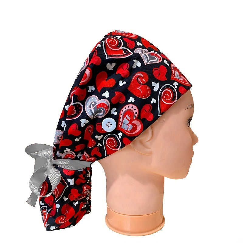 Love Heart Print Work Cap Adjustable Scrub Cap Nurse Hats