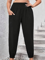  Solid Shirred Waist Jogger Trousers With Pockets