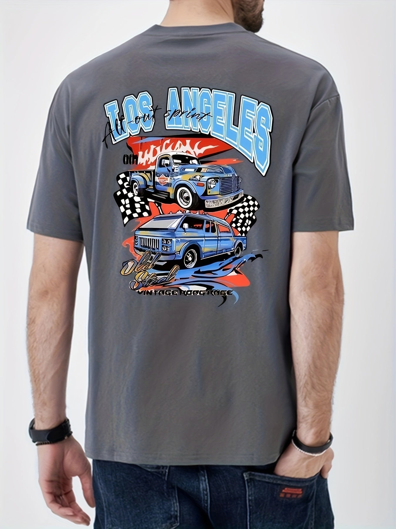 Cotton Retro Car Print Men's Graphic Crew Neck T shirt