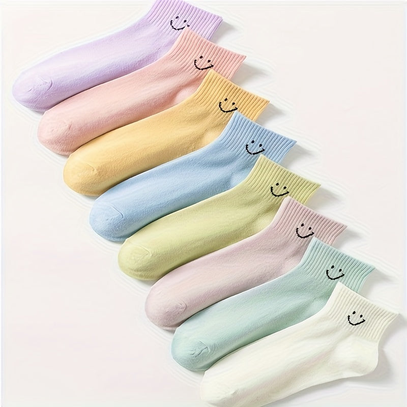 8 Pairs Smiling Face Print Crew Socks Women's Stockings