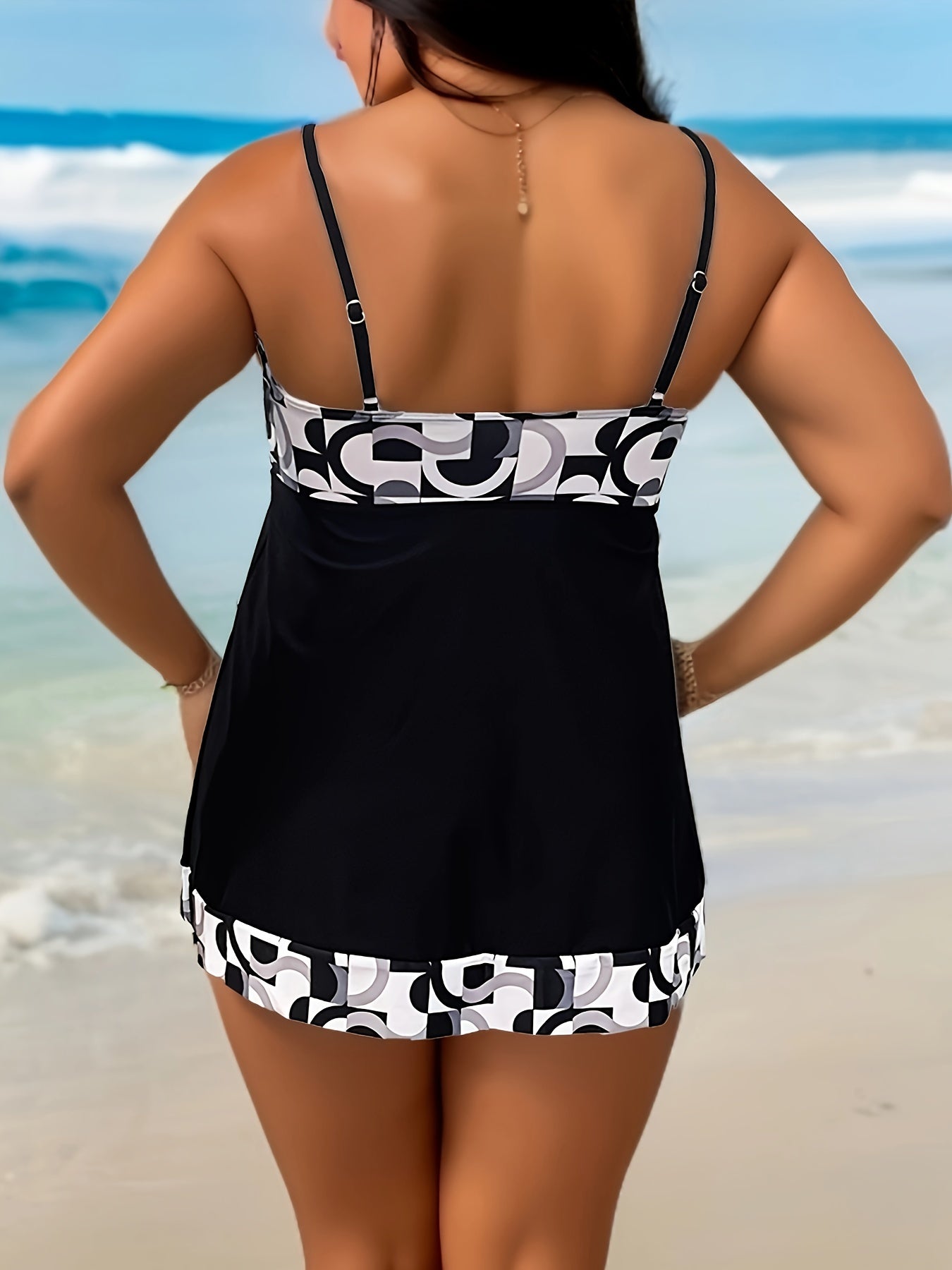  Colorblock Geo Print Tankini Set