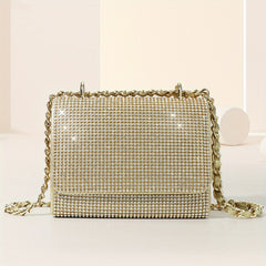 Glitter Chain Evening Bag for Party, Rhinestone Square Flap Bag