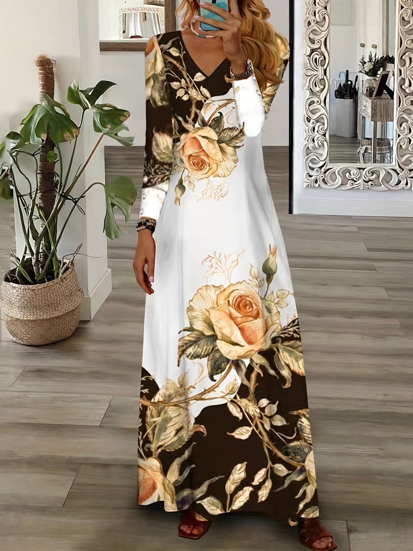  Floral Print Long Sleeve V Neck Maxi Dress