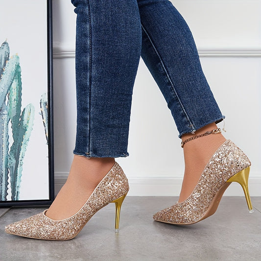 Women's Bling Sequins High Heels Glitter Pointed Toe Wedding Dress Pumps