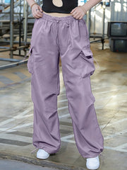  Solid Elastic Drawstring High Rise Cargo Pants
