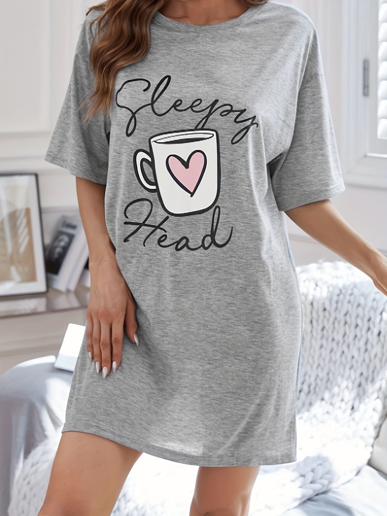 Cup & Letter Print NightDress Short Sleeve Crew Neck Pajama Dress