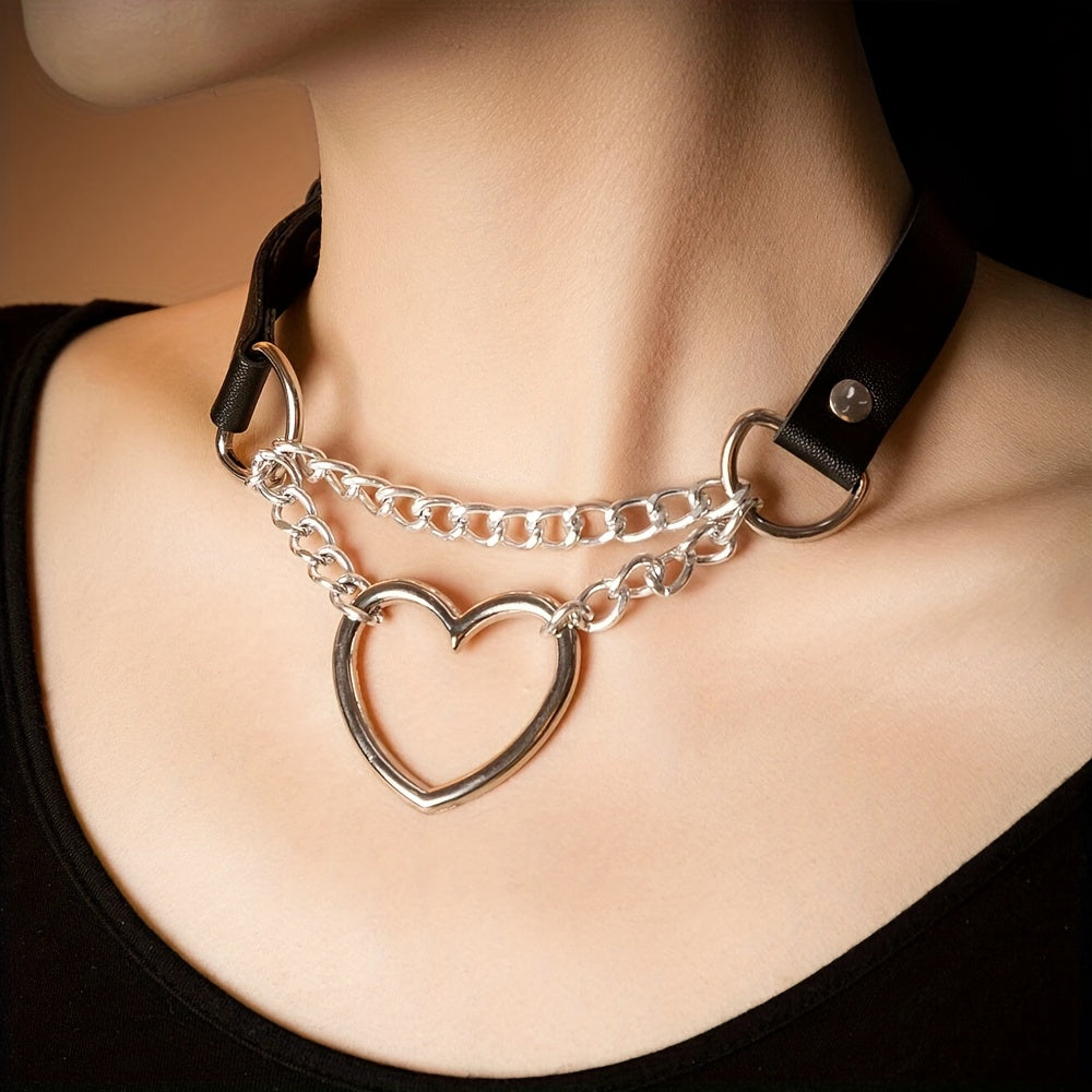 Sexy Punk Heart Ring Chain Choker Leather Collar