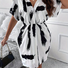  Casual Dress Women's Plus Brush Print Batwing Sleeve Deep V Neck Dress