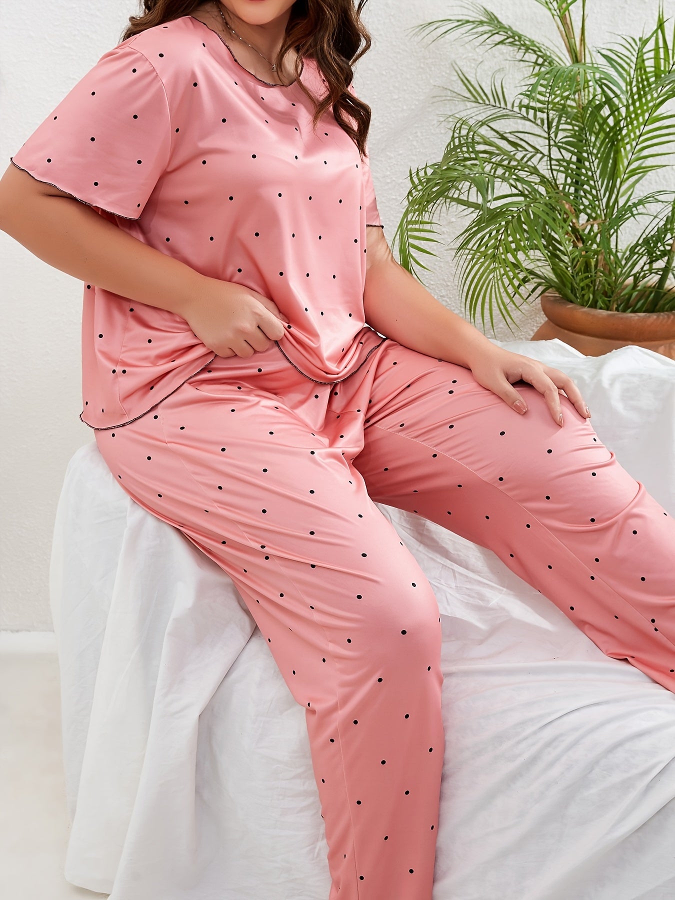  Polka Dot Pajama Set Short Sleeve Tee & Pants Lounge Two Piece
