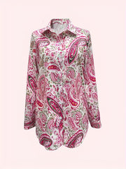  Boho Blouse Paisley Print Button Up Long Sleeve Blouse