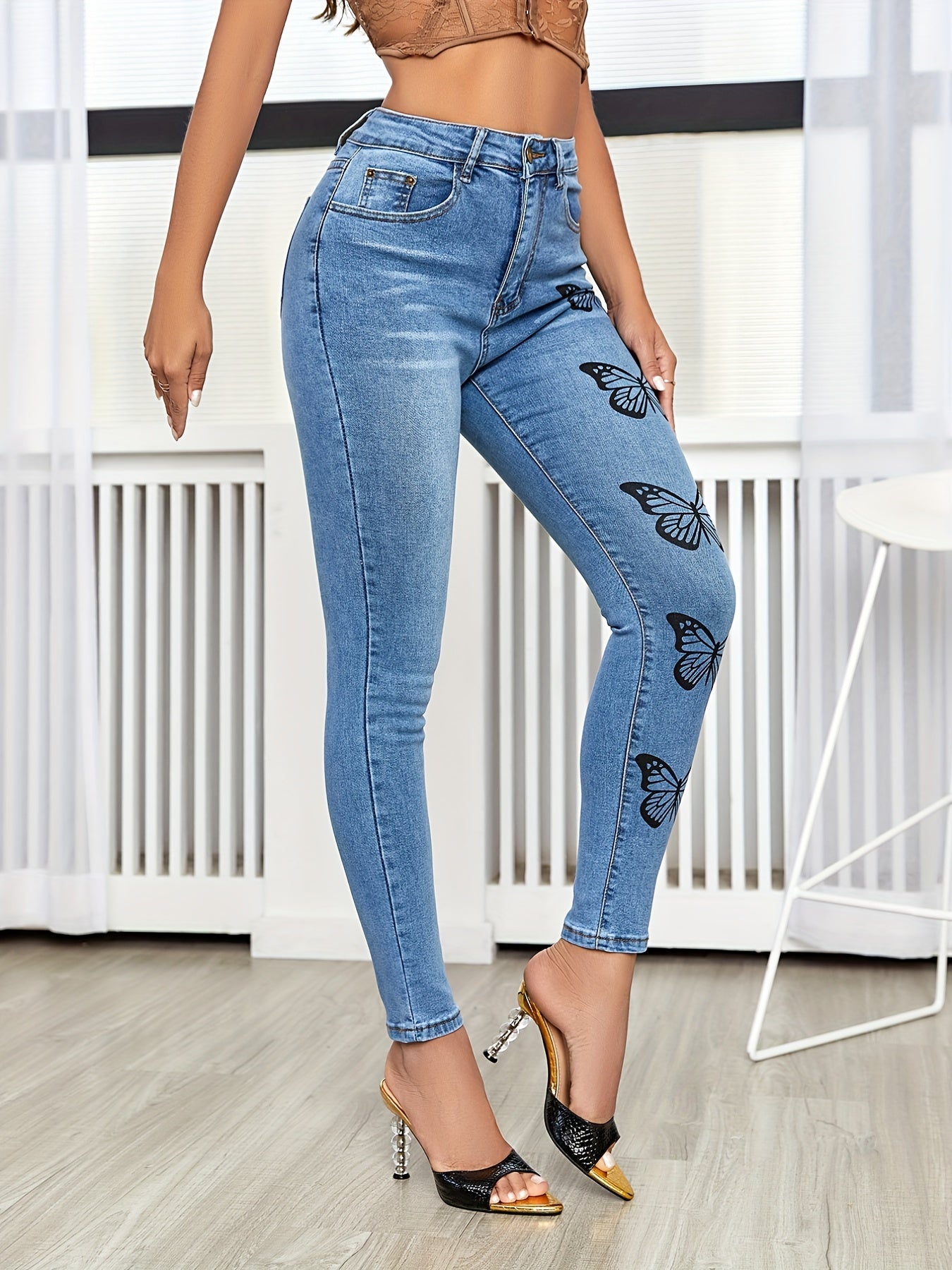 Butterfly Print Skinny Jeans High Rise Denim Pants