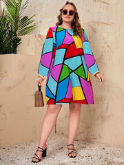  Colorblock Geometric Print Round Neck Tee Dress
