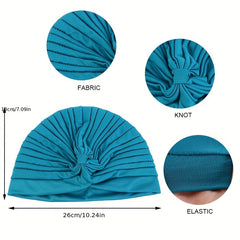 Solid Turban Cap Pleated Head Wrap Elastic Bonnet Women Ramadan Hijab Chemo Hats