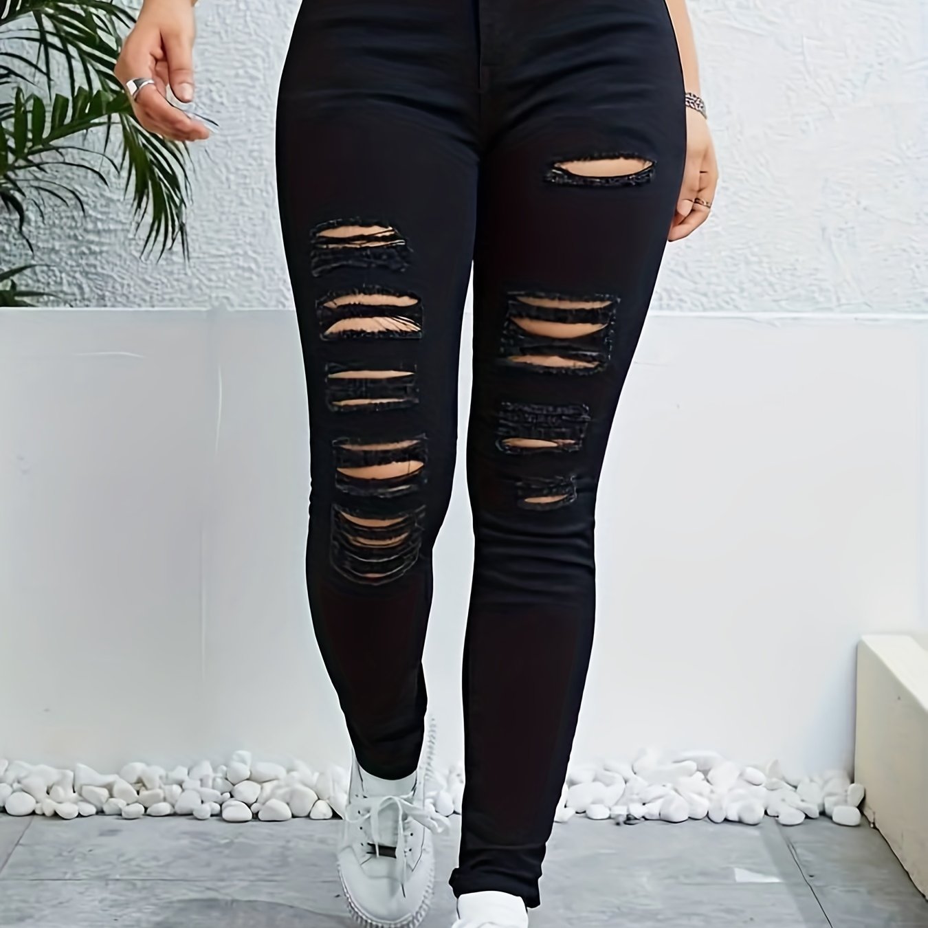 High Stretch Skinny Jeans Distressed Slash Pocket Denim Pants