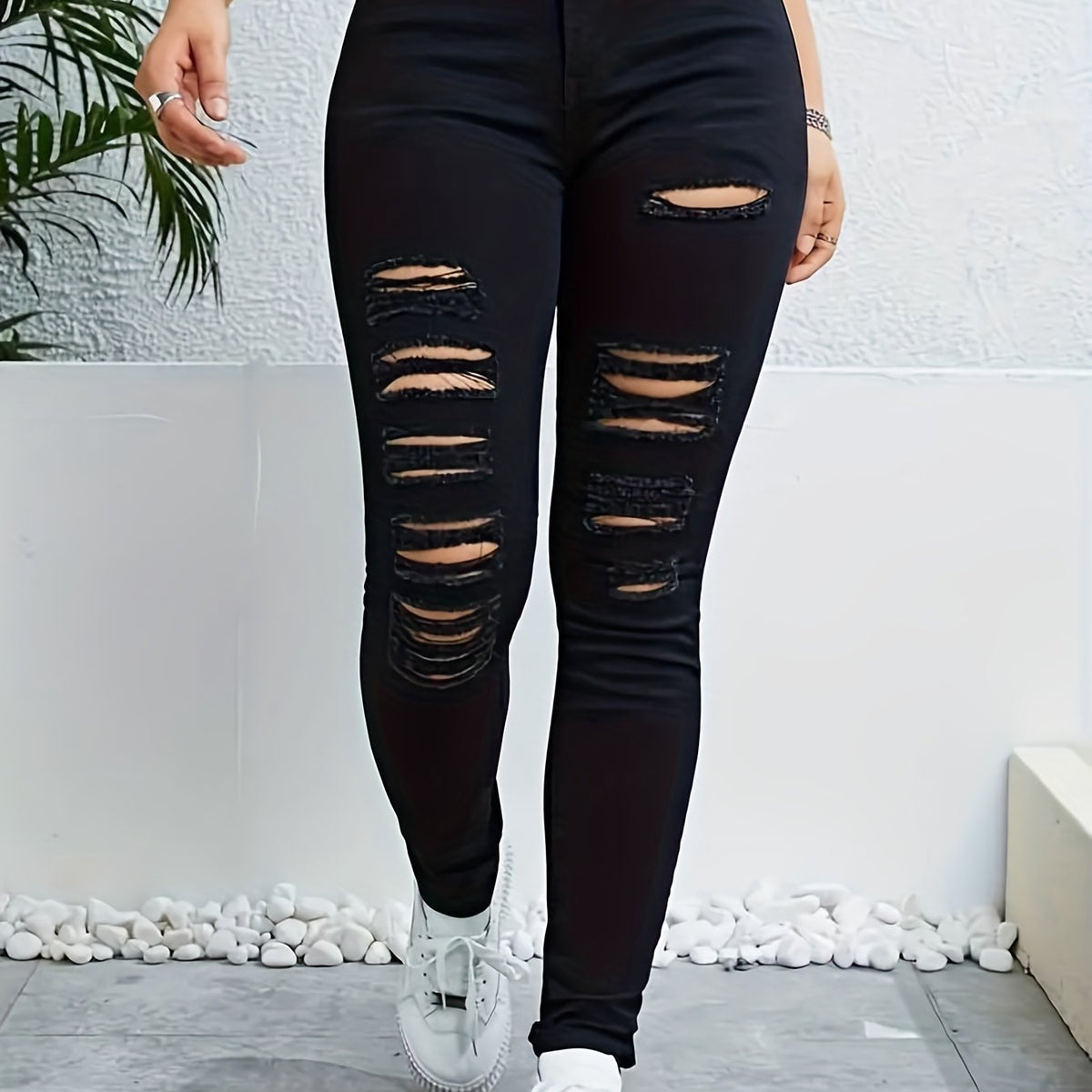 High Stretch Skinny Jeans Distressed Slash Pocket Denim Pants