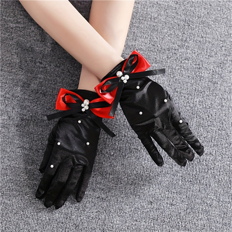 Bridal Gloves Red Bow Pearl Accents Funky Polyester Wedding Dress Accessory
