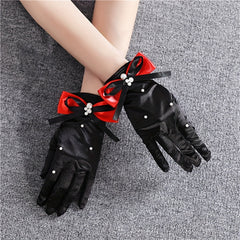 Bridal Gloves Red Bow Pearl Accents Funky Polyester Wedding Dress Accessory