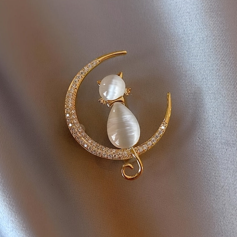 Cat Brooches Crystal Moon Stone Animal Pin