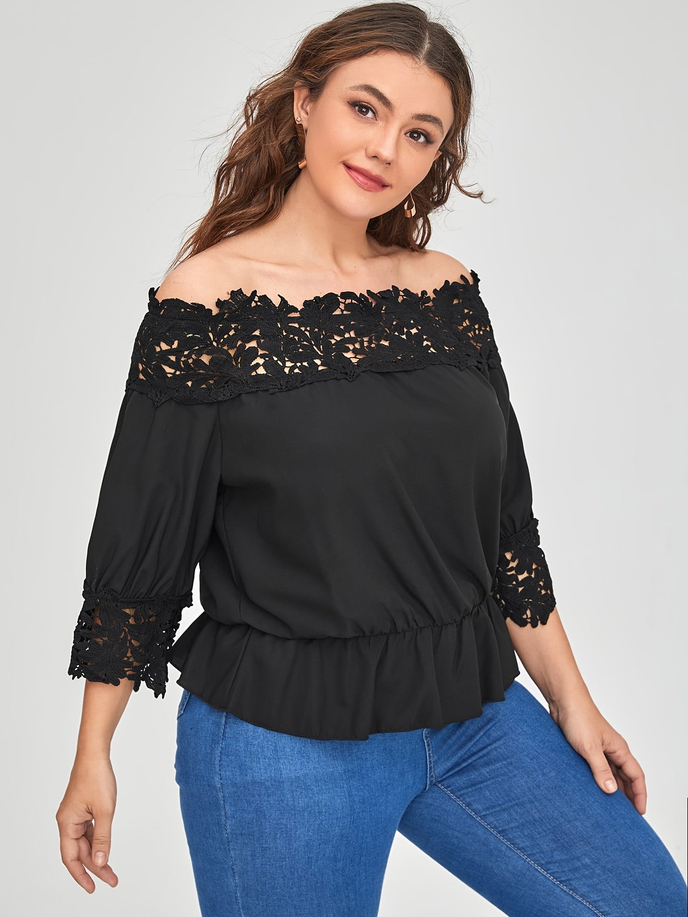  Blouse Women's Plus Contrast Lace Off Shoulder Top