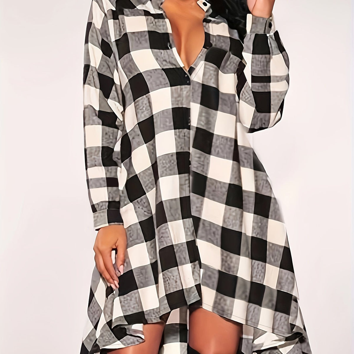 Plus Gingham Print Long Sleeve Shirt Dress