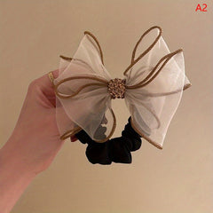 Mesh Bow Hair Ring Rhinestone Bow Ponytail Hair Rope Women's Hair Accessories