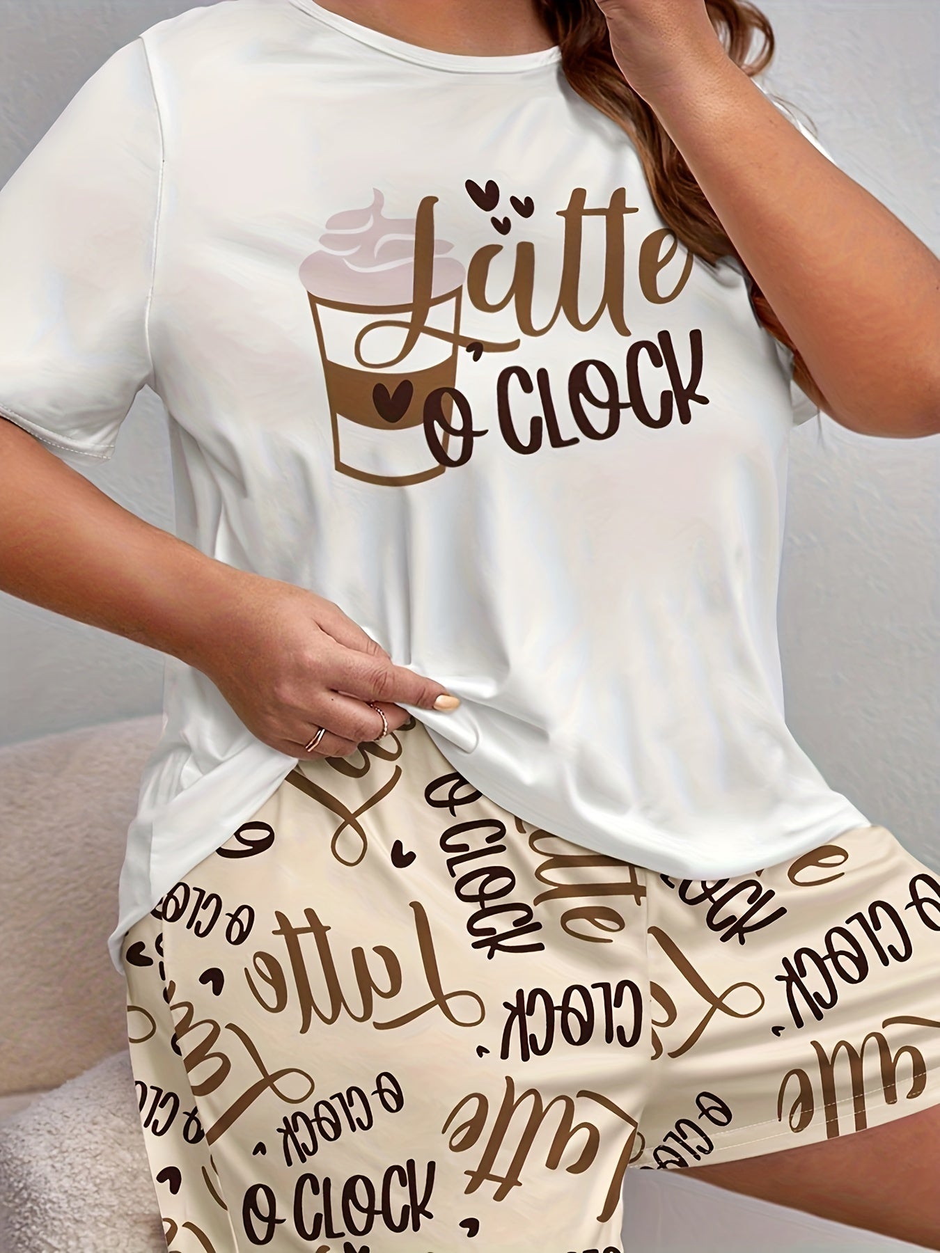  Lounge Set Women's Plus Drinks & Letter Print Tee & Shorts Pajama Set