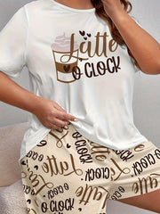 Lounge Set Women's Plus Drinks & Letter Print Tee & Shorts Pajama Set