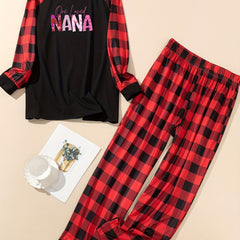  Letter Print Plaid Raglan Tee & Pants Pajamas Set