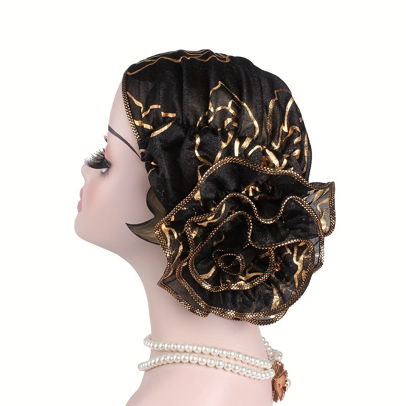 Hot Stamping Flower Pre Tied Head Scarves Ruffles Turban Cap