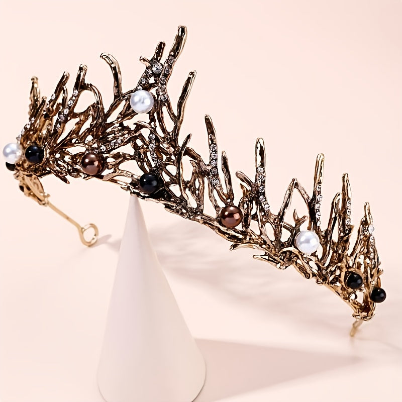 Faux Pearls Crystal Tiara Crown Prom Hair Accessory