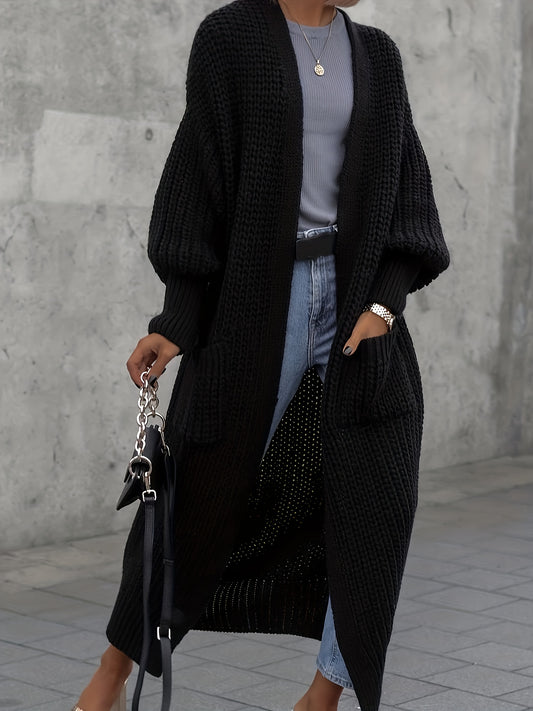  Solid Lantern Sleeve Open Cardigan