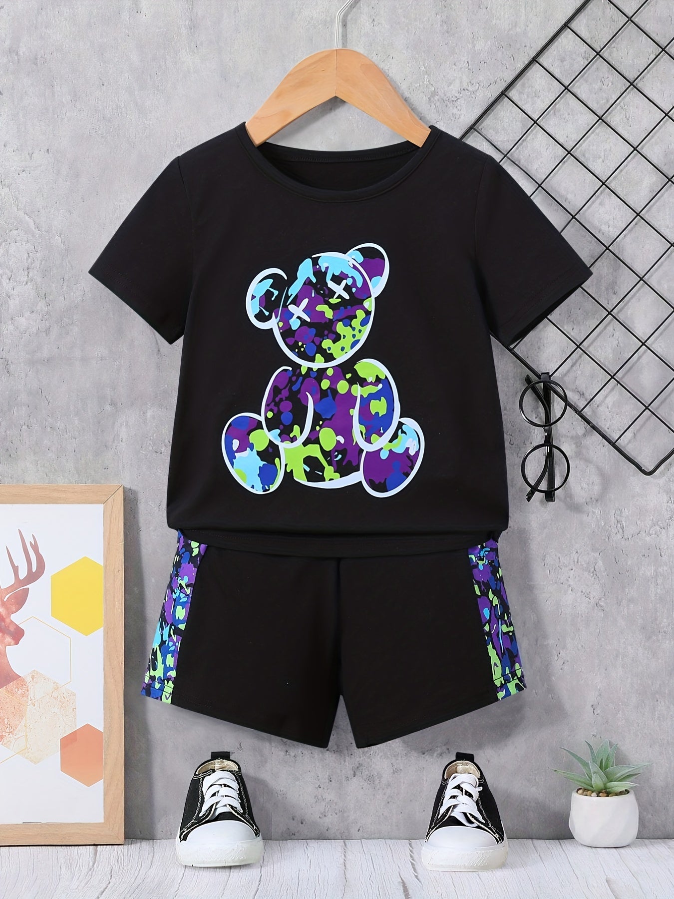 Boys Colorful Bear Casual Outfit Round Neck T shirt & Shorts
