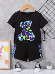 Boys Colorful Bear Casual Outfit Round Neck T shirt & Shorts