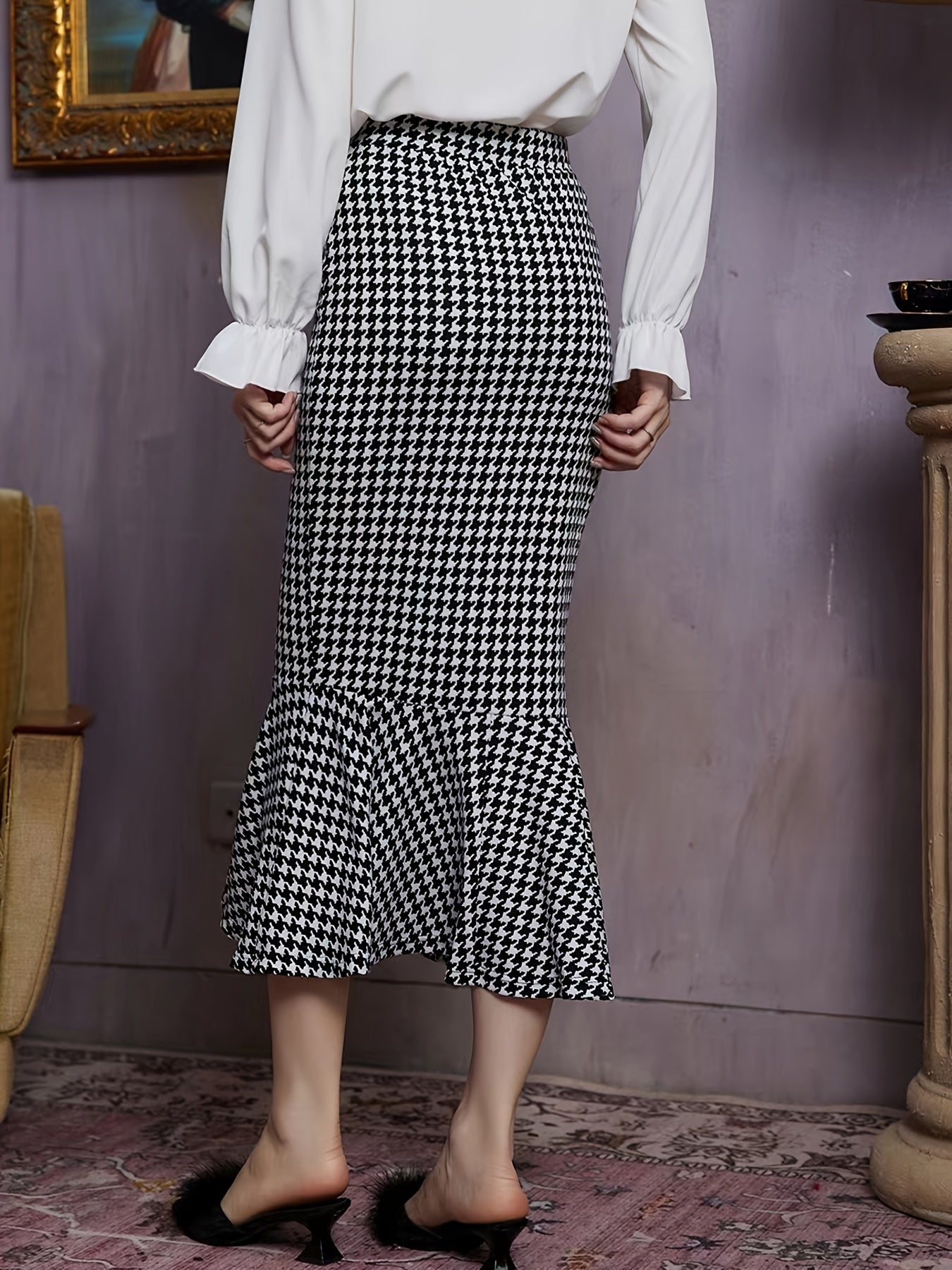 Houndstooth Mermaid Skirts Bodycon Slim Casual Maxi Skirts
