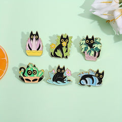 Cat Plant Enamel Pin Green Brooch Flower Jewelry Metal Lapel Pin