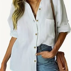 Solid Button Up Long Sleeve Blouse