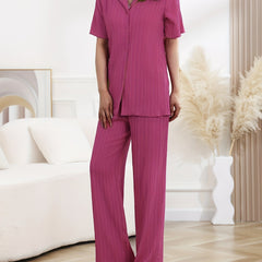 Solid Textured Casual Two piece Set Short Sleeve Button Blouse & Wide Leg