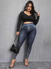 3D Denim Rhinestone Print High Rise Leggings Plus Size